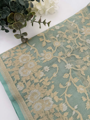 Silk Organza Saree | Light Sea Green | Gold & Silver Zari | Handwoven | Ships from California